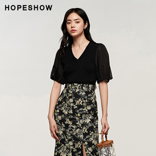 红袖HOPESHOW黑色针织衫秋季女装新中式短袖毛衣