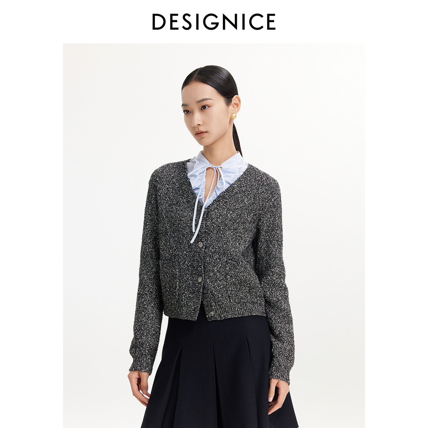 迪赛尼斯 气质优雅 开衫V领长袖  针织衫女