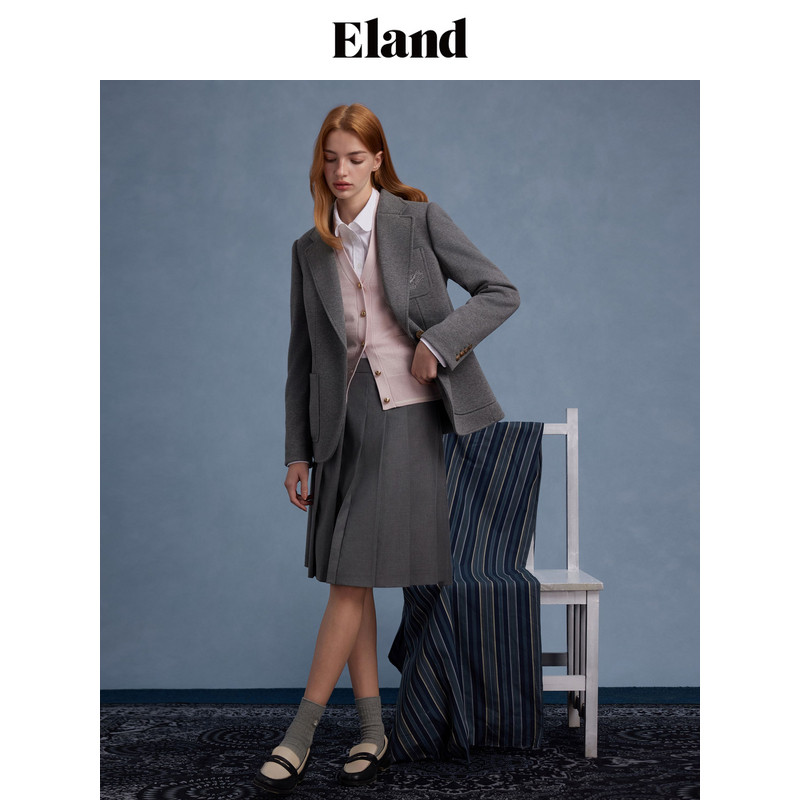 Eland西装女学院刺绣一粒扣袖口撞色修身西装2025春季