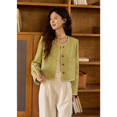 谜秀绿色毛边短外套女2025秋季新款女装韩版通勤上衣MXE41W0796