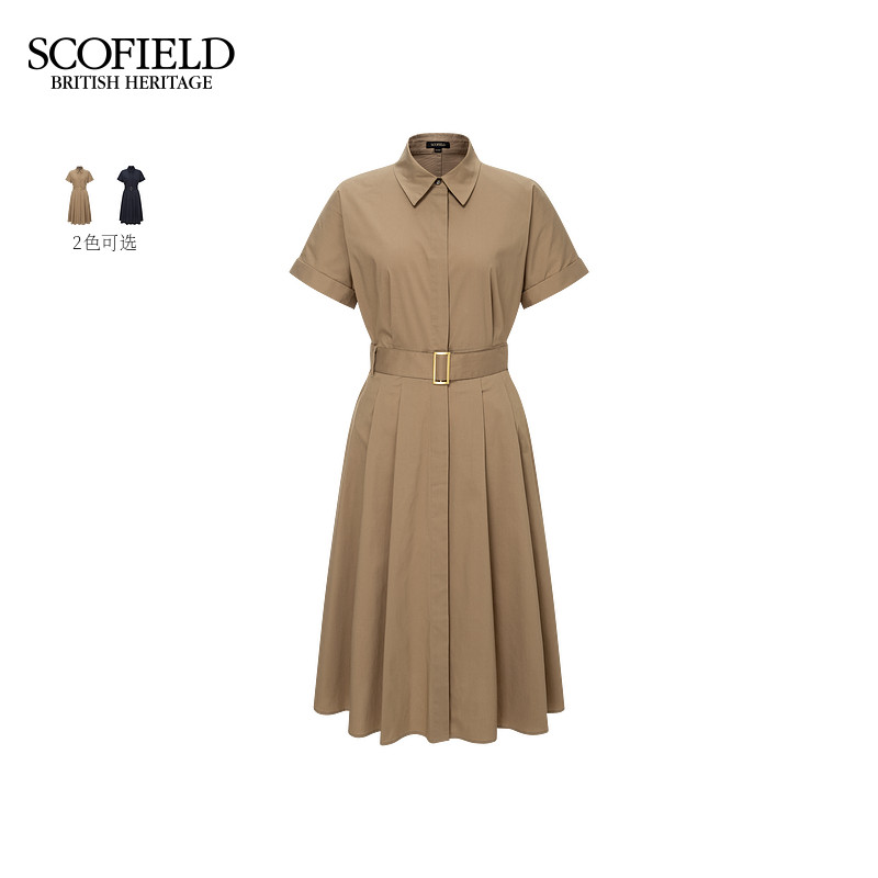 Scofield女装率性翻领百褶连衣裙金属扣腰带2025夏季