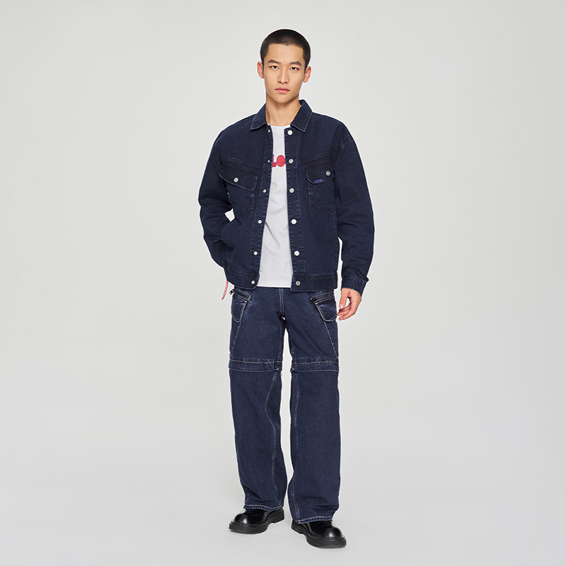 Lee25早春舒适版翻领深蓝色男长袖牛仔夹克外套潮流