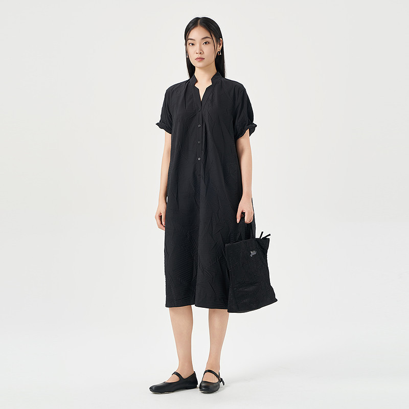 OTT夏衬衫领短袖连衣裙女宽松显瘦通勤休闲中长裙