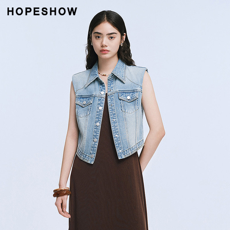 红袖商场同款HOPESHOW2025夏 不对称衬衫翻领牛仔夹克图片