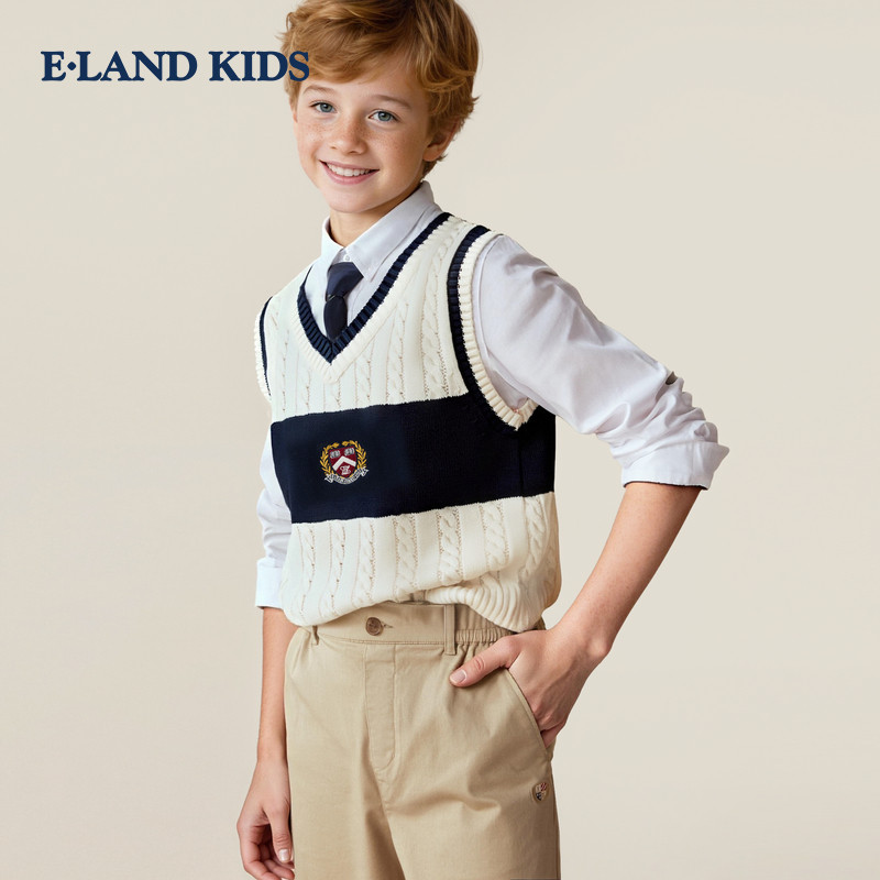 eland kids衣恋童装男童针织马甲 英伦风V领背心毛衣