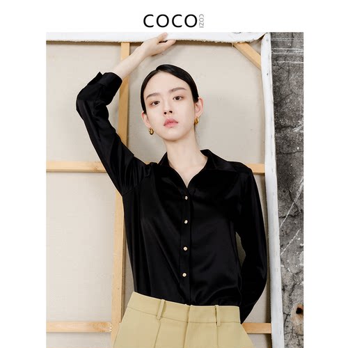 COCOCOZI纯色复古翻领缎面衬衣长袖上衣213CO09