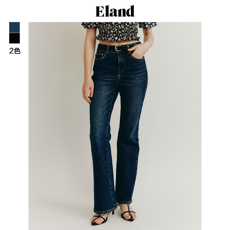 Eland牛仔裤女复古风雅致微喇叭弹力显腰裤子EETJD49Y04