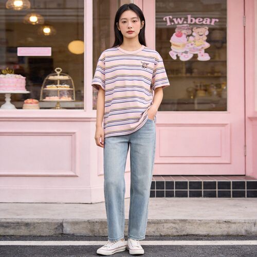 Teenie Weenie学院风刺绣小熊条纹短袖T恤女显瘦上衣TTRS26M301Z