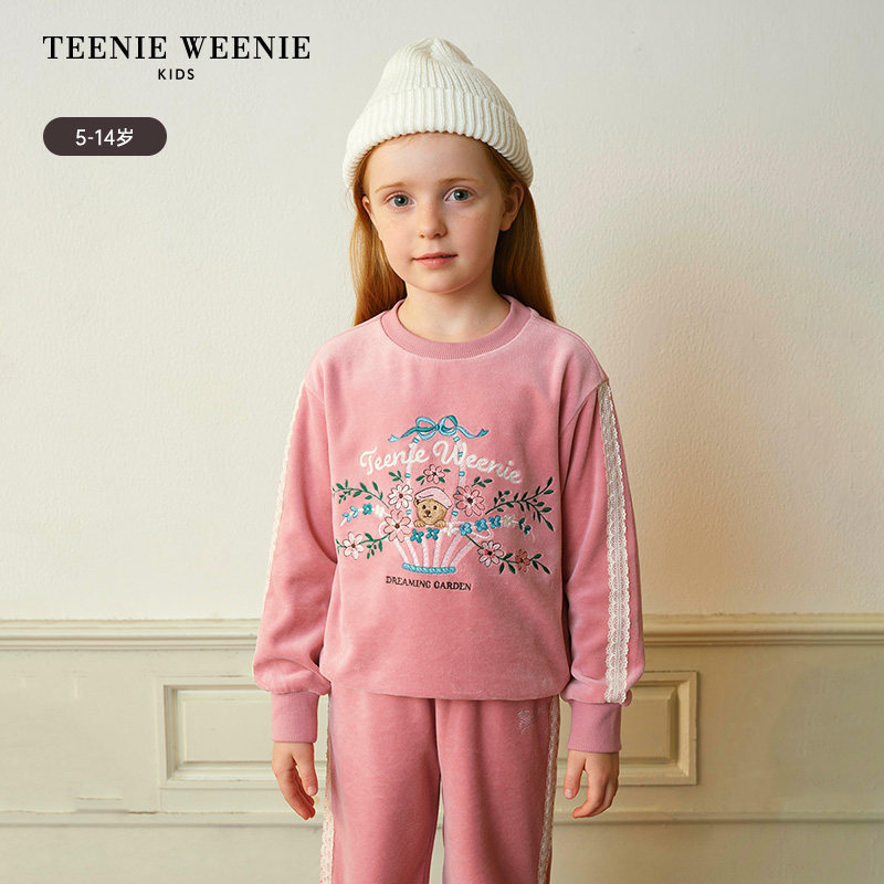 TeenieWeenie Kids小熊童装舒适秋冬季女童天鹅绒刺绣套头卫衣