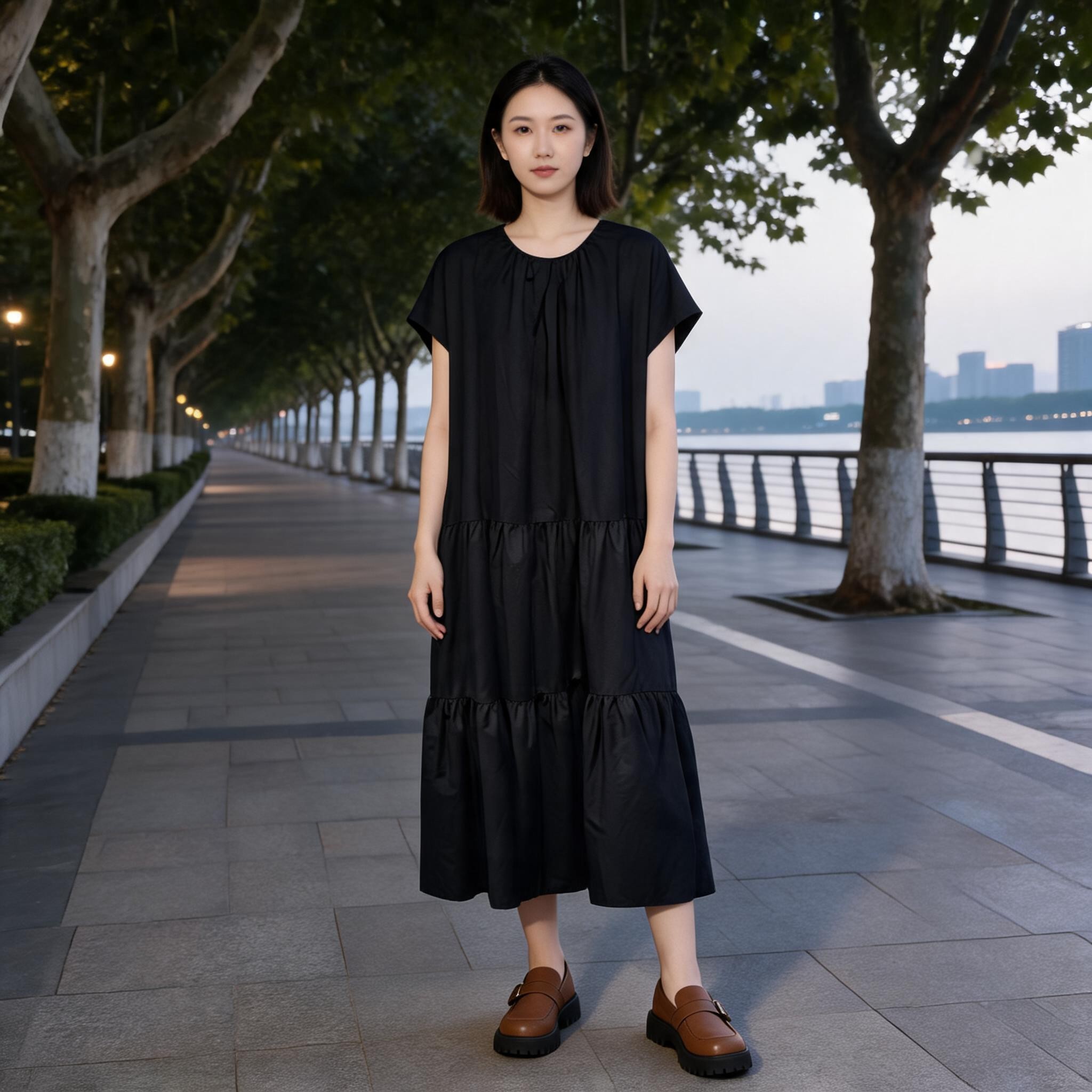 OTT简约黑色层叠短袖中长款连衣裙OT63018235