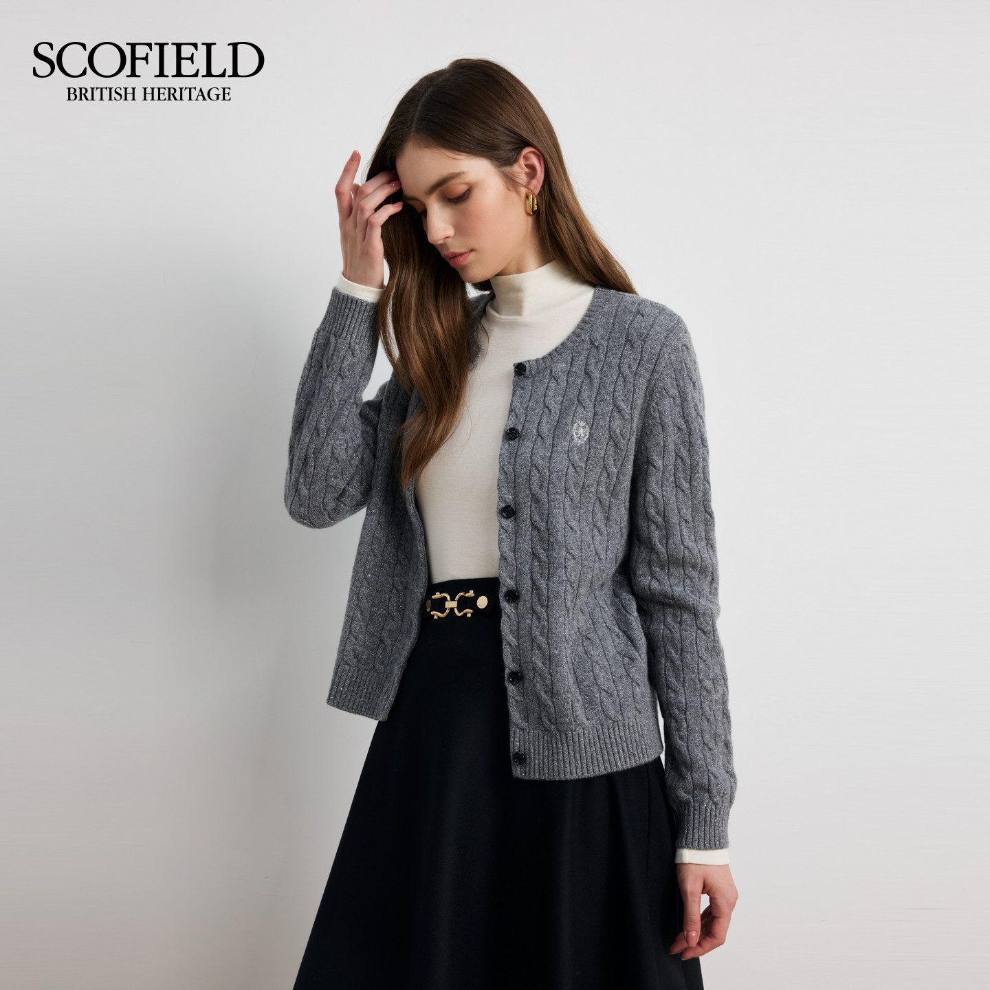 Scofield女装复古绞花针织开衫刺绣细节2025秋季