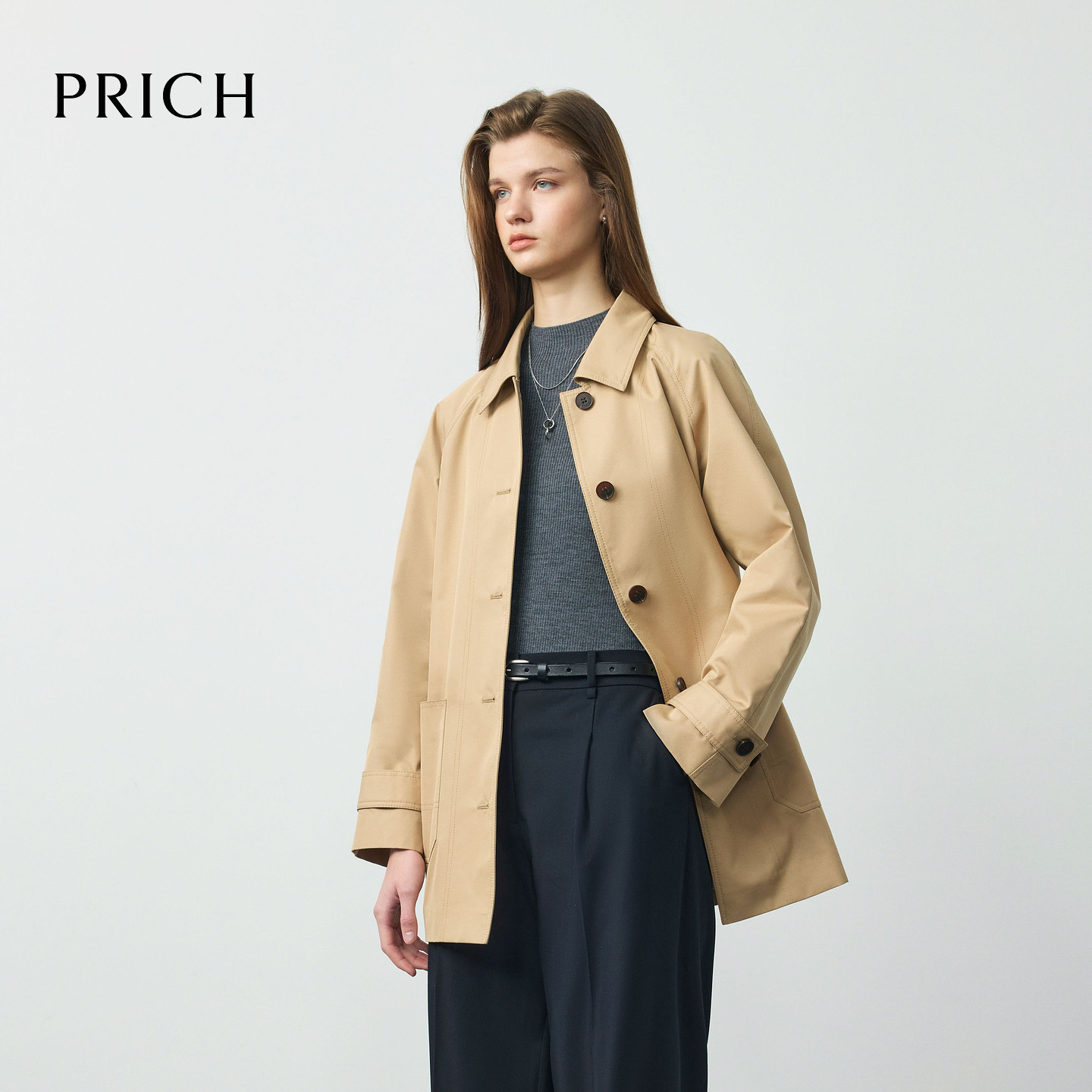 PRICH时尚气质单排扣翻领风衣宽松廓形挺括外套女PRJTG8731M