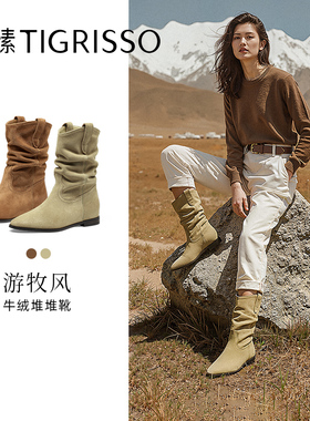 蹀愫2025年秋冬3.8游牧风堆堆靴西部牛仔靴TA65872-50