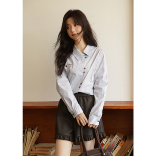 谜秀蓝棕条纹不对称衬衫女2025秋宽松慵懒复古长袖上衣MXE42C2375