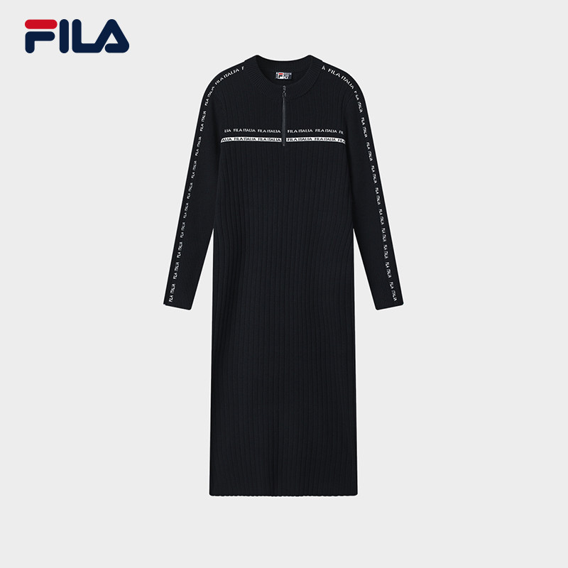 FILA 斐乐官方女子编织连衣裙2025冬半拉炼连身毛衣裙F51W548301F
