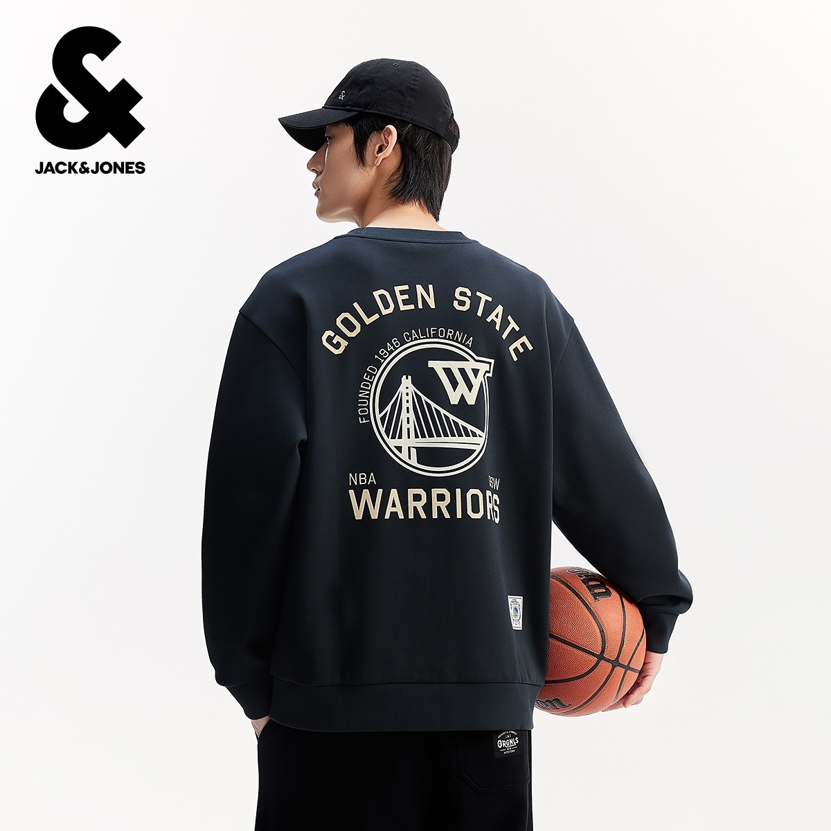 杰克琼斯NBA联名款勇士队男装冬季新款字母刺绣宽松休闲圆领卫衣