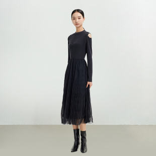 迪赛尼斯2025年冬季新款智性通勤气质拼接长裙长袖圆领连衣裙