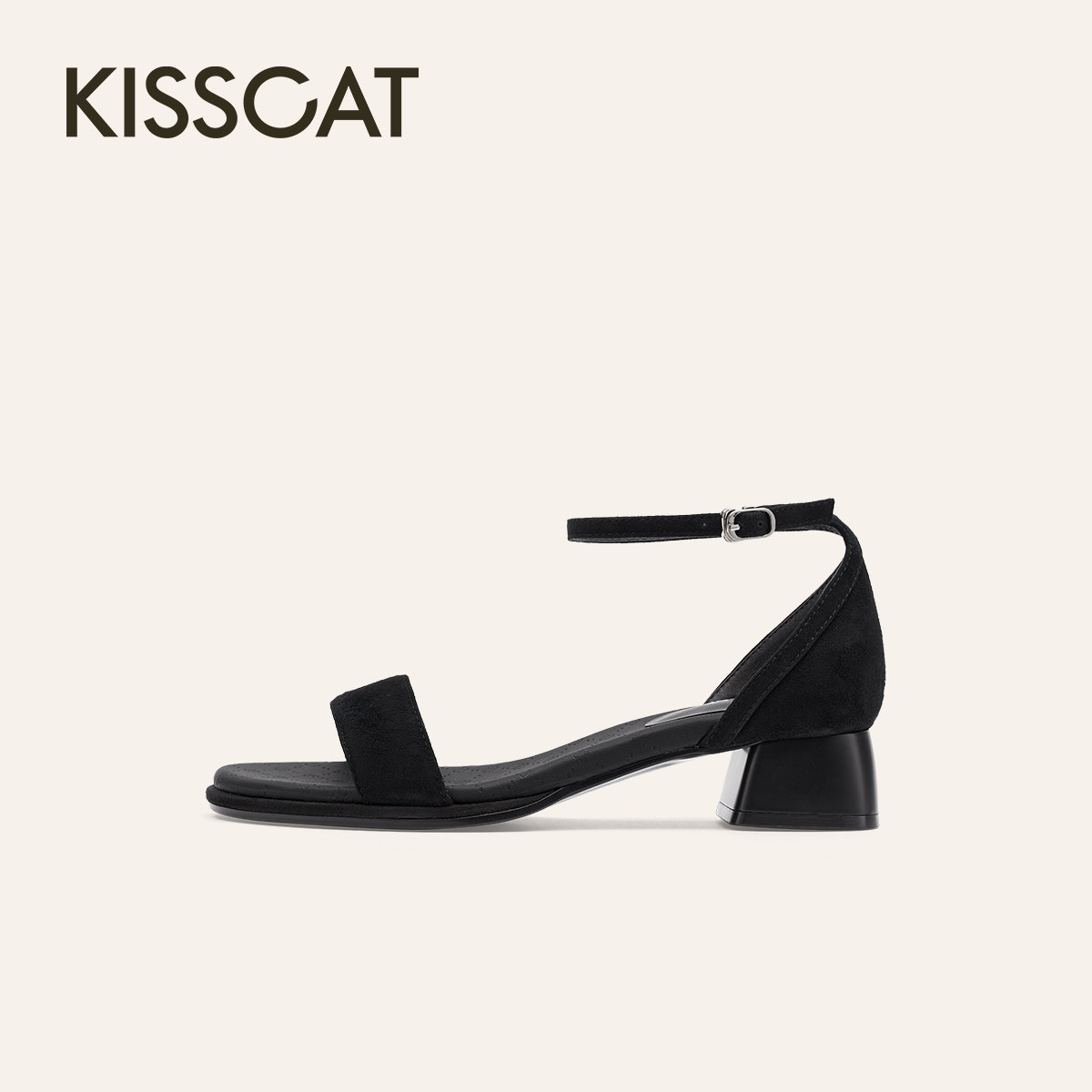 KISSCAT接吻猫2025年夏季舒适通勤圆头一字带凉鞋KA65307-11