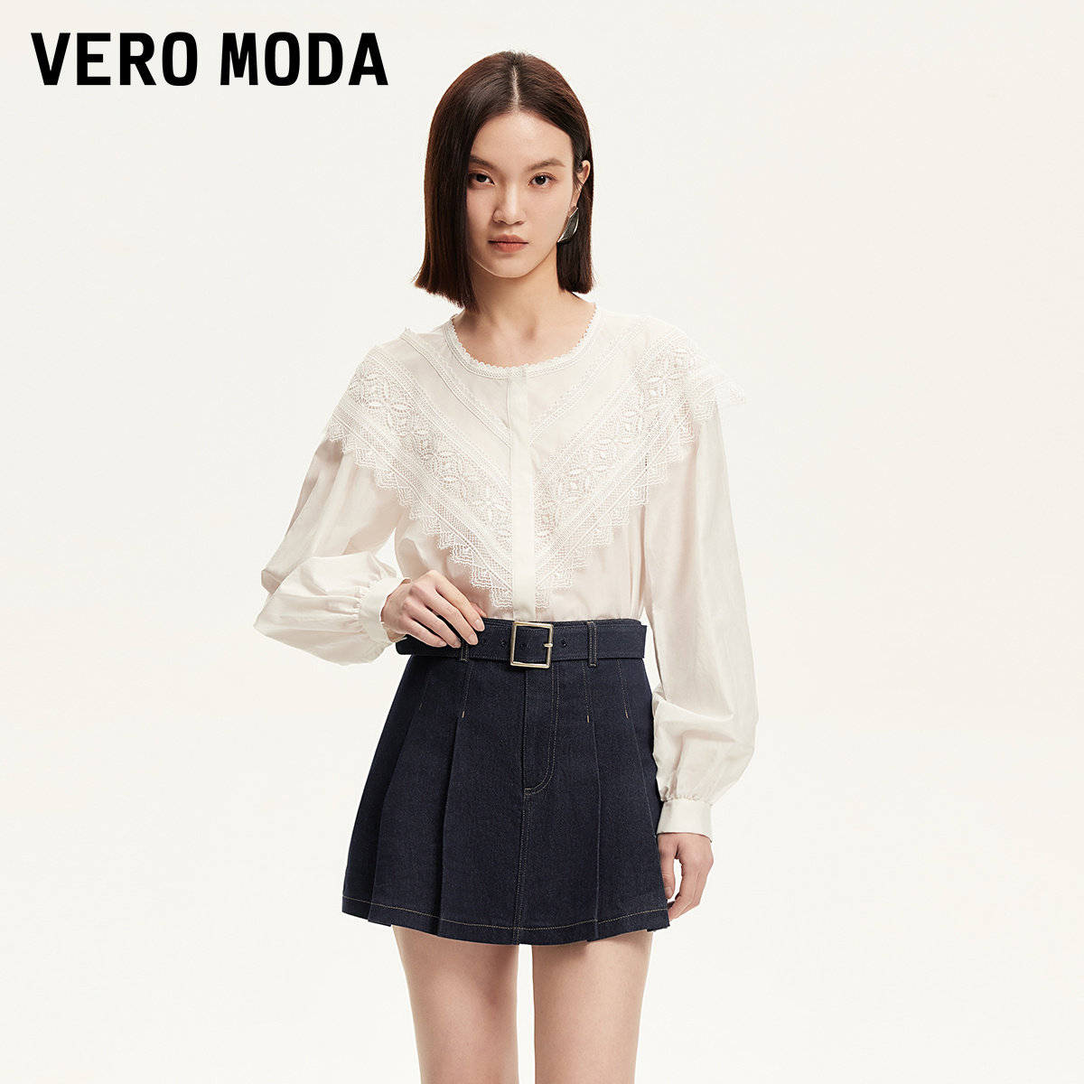 Vero Moda短裤2025夏季新款含棉同色系腰带装饰牛仔裙裤325243017