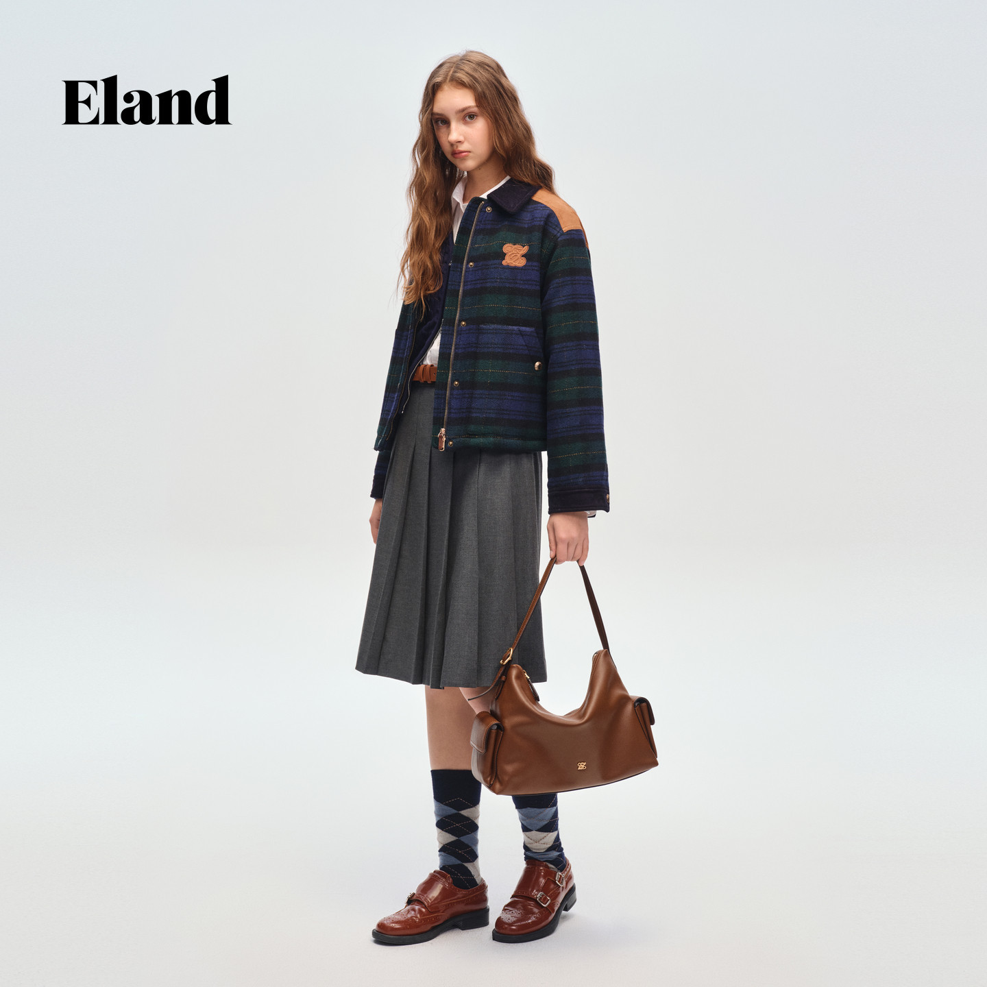 Eland 外套女学院风短款宽松 撞色大衣EEJWG11B01