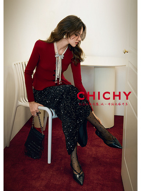 CHICHY复古港风氛围感红色v领毛针织衫收腰荷叶边上衣CW0D011251