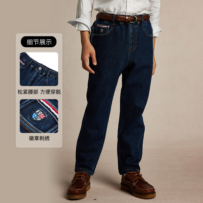 eland kids童装男童牛仔裤24年冬季学院风加绒裤子EKTJE4V01A