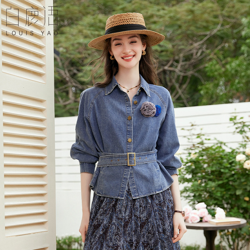 白鹿语复古丹宁牛仔外套26夏季翻领金属扣插肩袖百搭通勤外套女