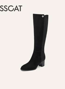KISSCAT接吻猫超模骑士靴25冬新黑色高跟粗跟长筒靴女KA65718-11