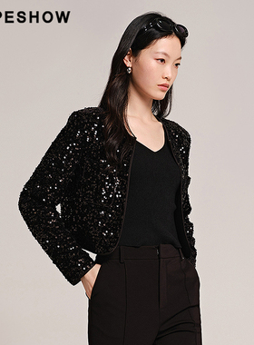 红袖HOPESHOW丝绒亮片短外套秋季女轻熟显瘦上衣89224300405