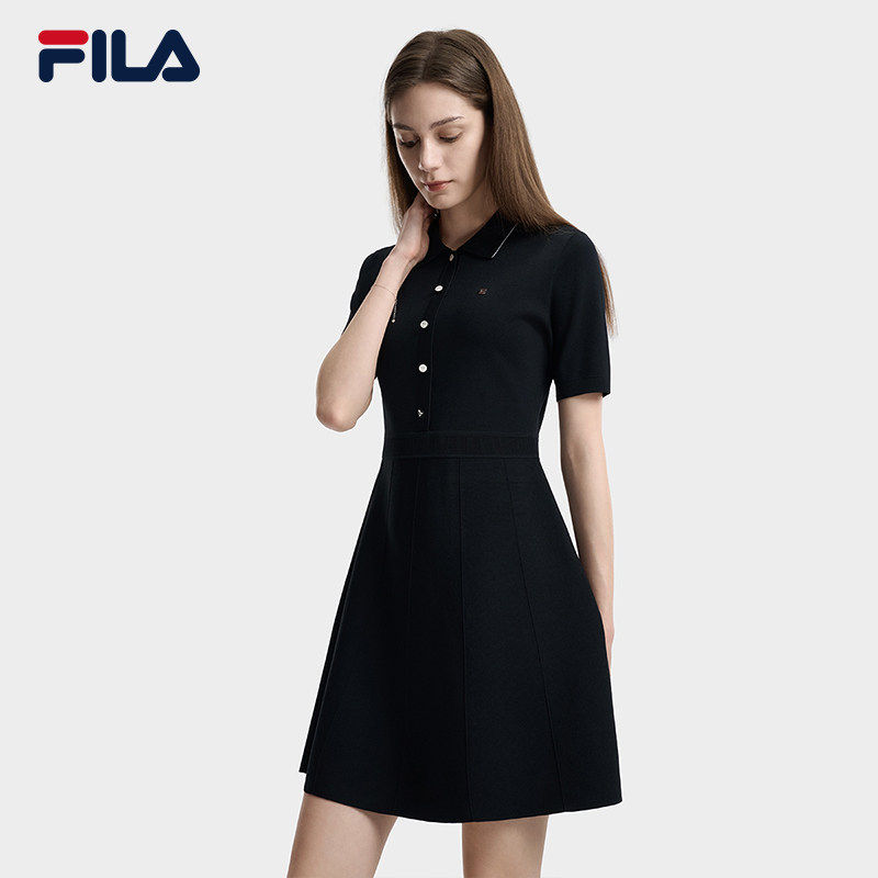 FILA 斐乐女子编织连衣裙2026新夏翻领修身收腰连身裙F11W623303F