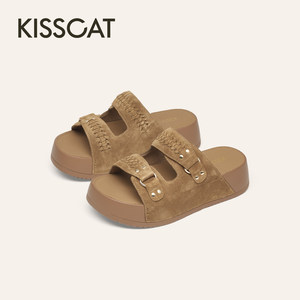 KISSCAT接吻猫草编勃肯拖鞋26新夏季厚底勃肯凉拖鞋女K76382A-51