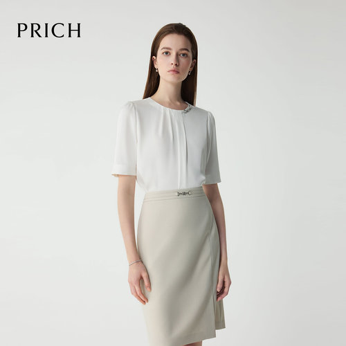 PRICH简约纯色通勤衬衫2025夏季宽松自在短袖上衣女
