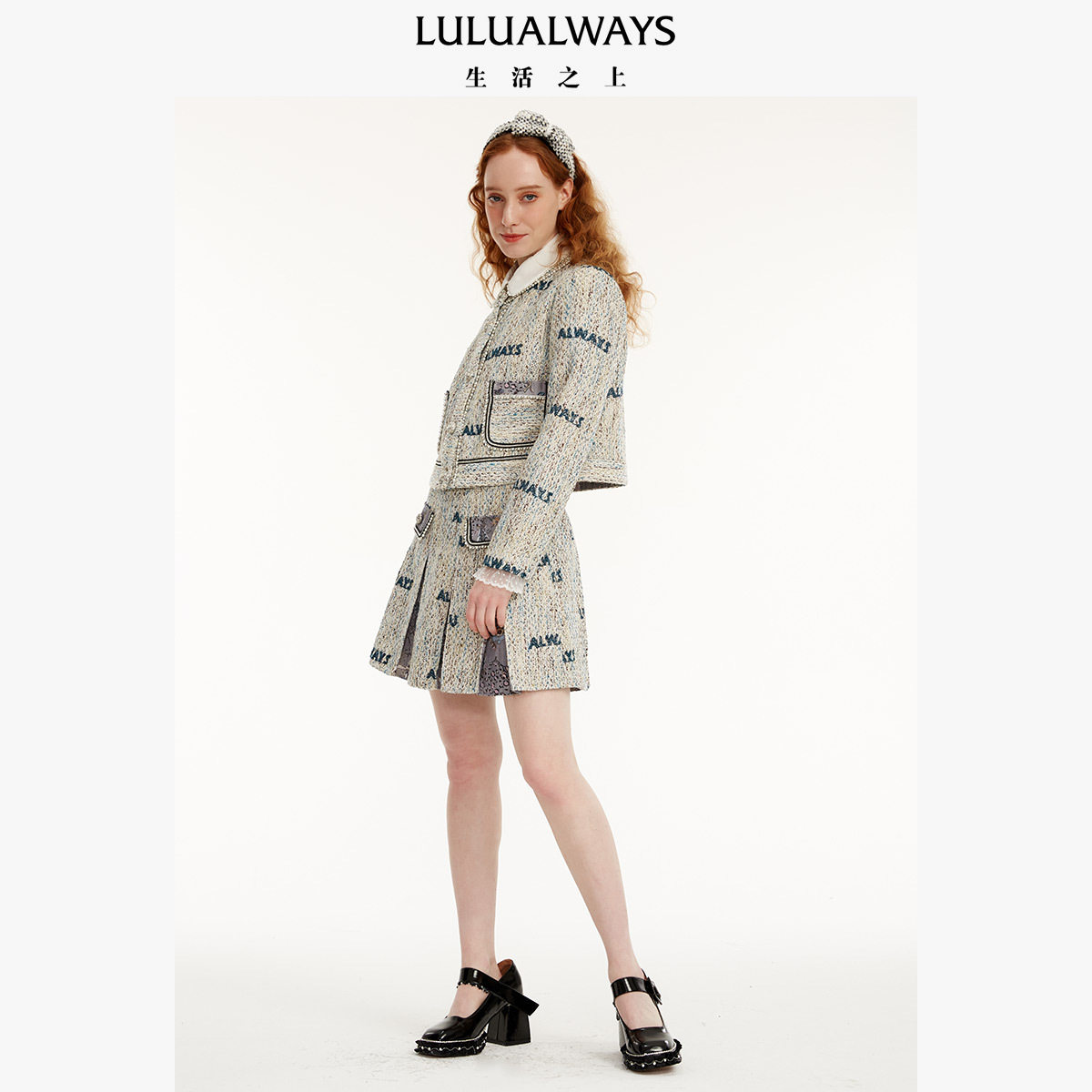LULUALWAYS春季时尚休闲百褶米色A字口袋短半裙LOA4007