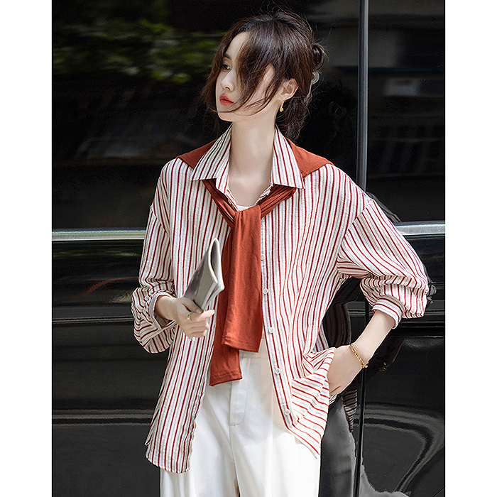 dme德玛纳【时尚衬衫】翻领条纹衬衫小个子衬衣女装G540327220137