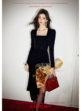 【质感醋酸】CHICHY赫本风黑色连衣裙千金礼服烫钻裙子CC8F003251