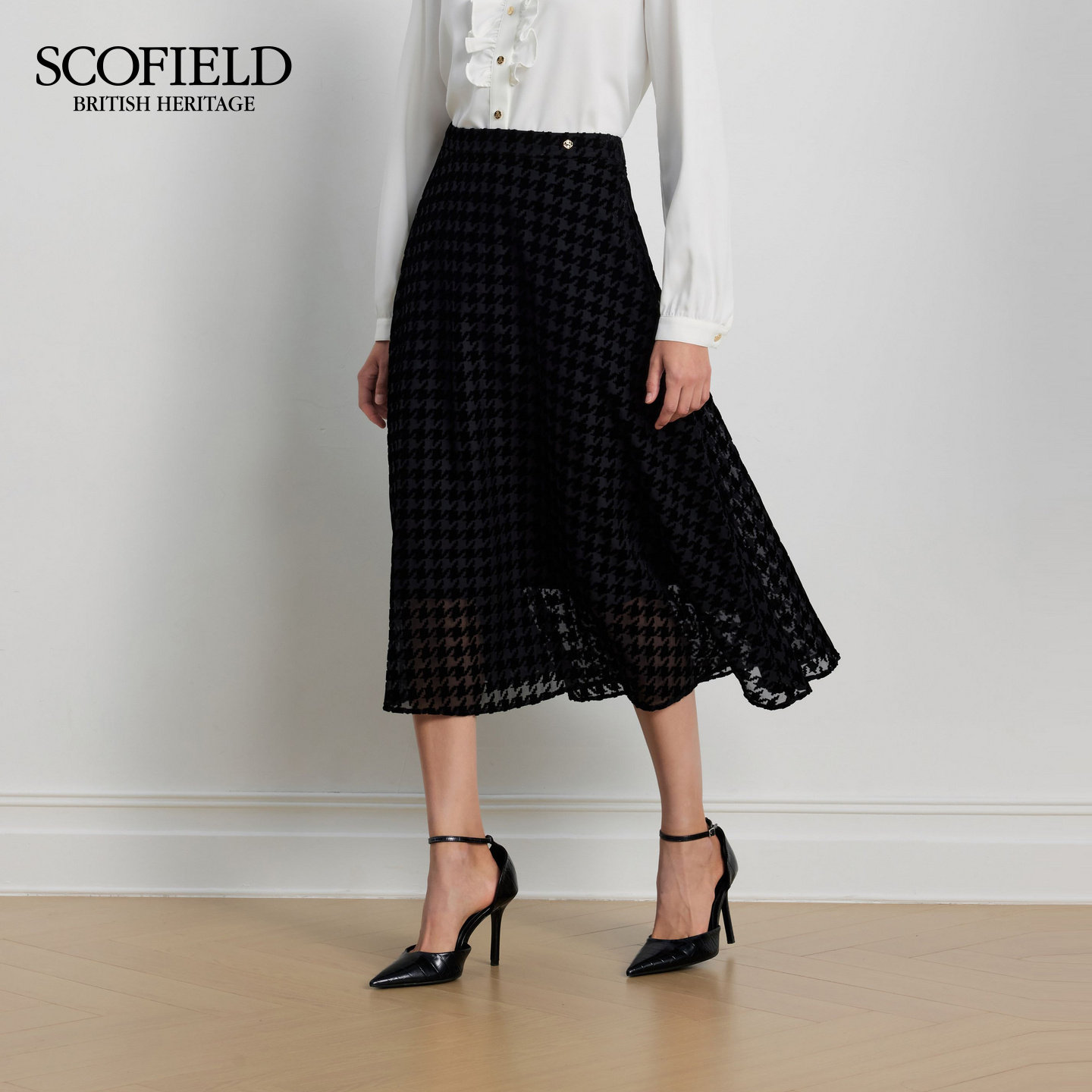 Scofield女装复古法式A摆半身裙千鸟格丝绒中长裙2025冬季