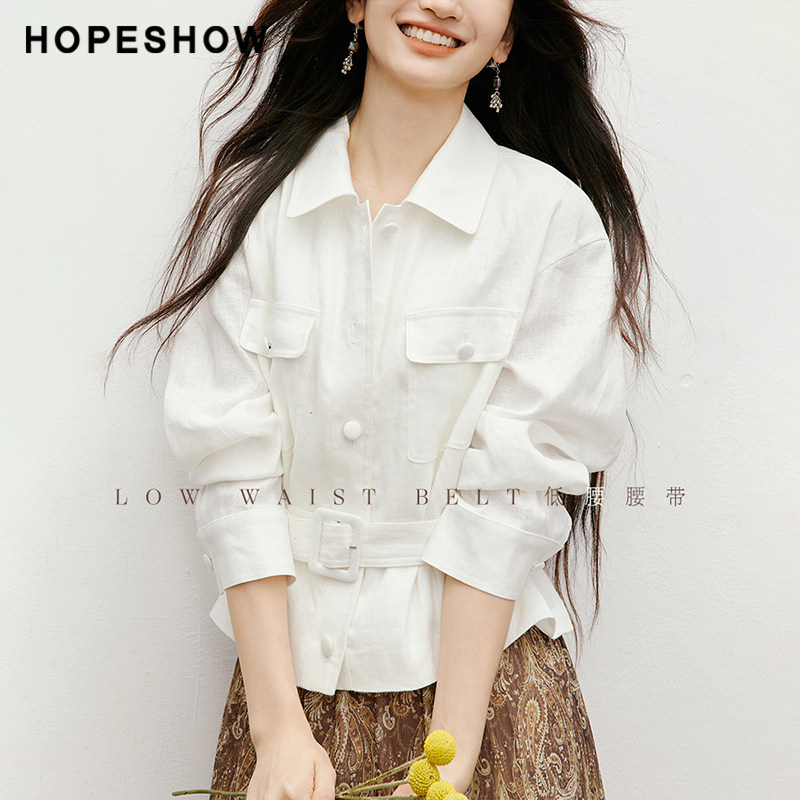 红袖100%亚麻短外套2025秋季女装工装风低腰白色上衣90225280404