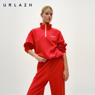 URLAZH有兰美式复古风红色立领半拉链卫衣女SN4SY03
