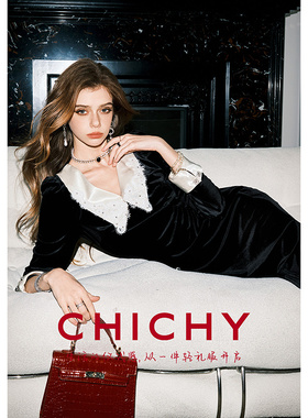 CHICHY法式复古黑色丝绒长袖连衣裙CC8F008261