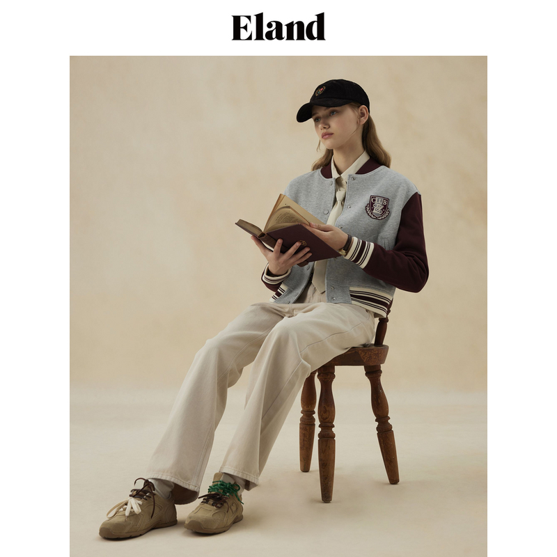 Eland卫衣女复古华夫格刺绣针织下摆短外套2024秋季EEMTE49E03