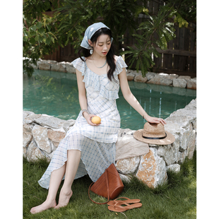 谜秀气质荷叶边格子连衣裙女夏海边度假开叉长裙子MXE34L2267
