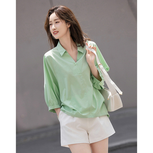 dme德玛纳优雅V字翻领舒适藏肉衬衣女上衣G539221234201