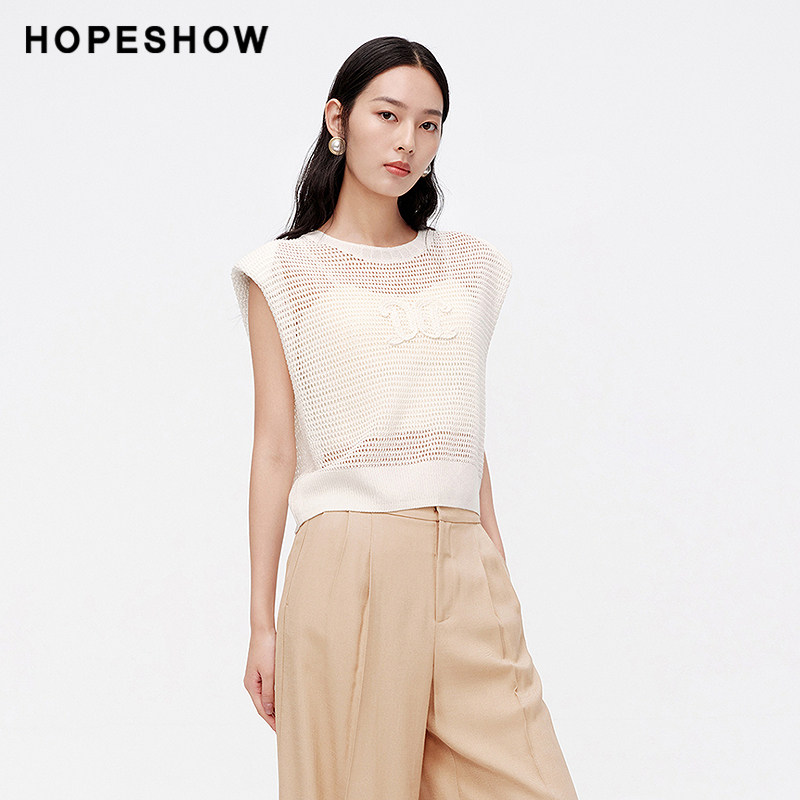 红袖/HOPESHOW镂空针织背心夏季女手钩绣垫肩上衣89224170112