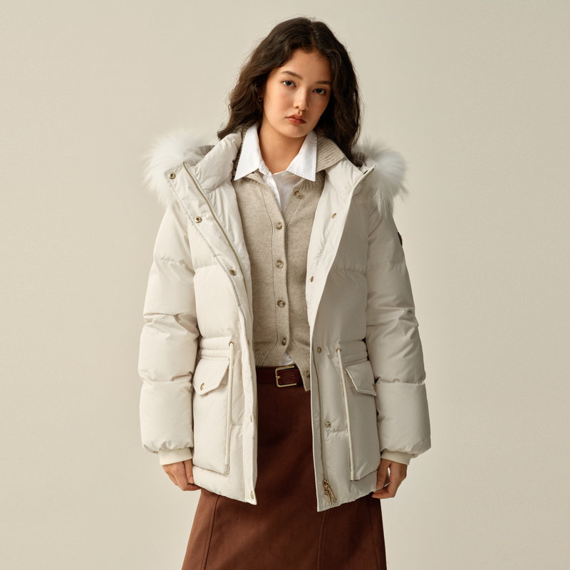 Eland羽绒服女时尚毛领长袖大口袋保暖外套