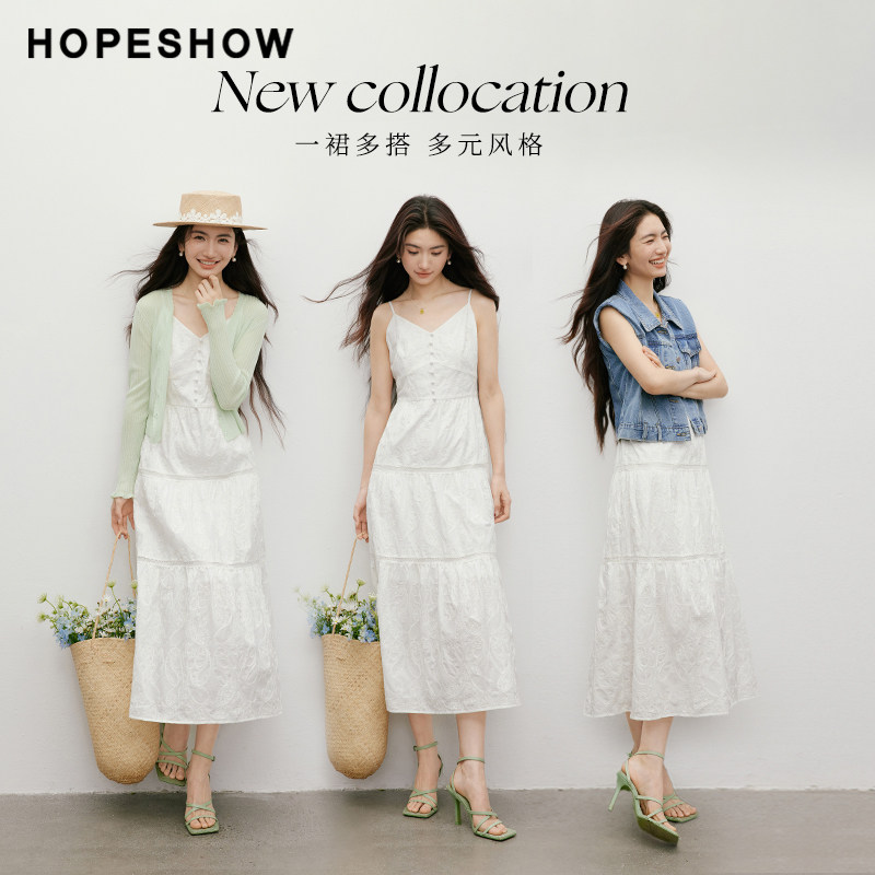 红袖100%棉连衣裙2025夏女装蕾丝拼接白色吊带裙90125181602