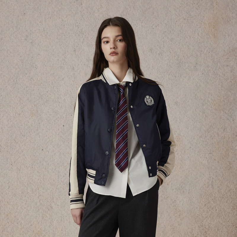 Eland衣恋棉服女学院风撞色设计加厚短款夹克外套