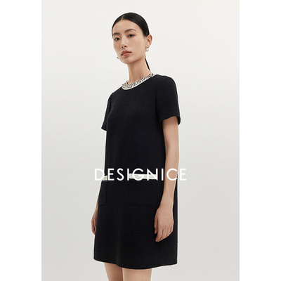 迪赛尼斯法式小香风气质优雅短袖直筒连衣裙女