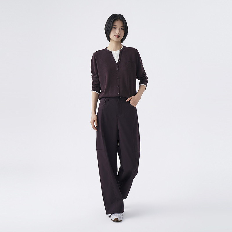 OTT2026秋季新款纯色暗红V领假两件毛织衫简约叠穿感女士长袖上衣