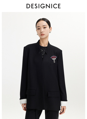 迪赛尼斯2025年冬季新中式千金风宽松休闲黑色西装外套女