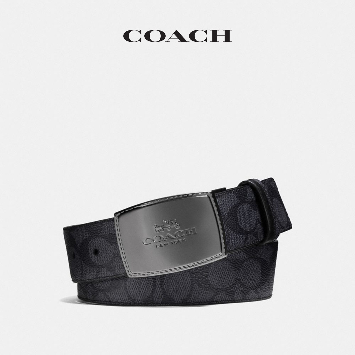 COACH/蔻驰 男士饰片锁缝可裁剪双面标志皮带 炭黑色/黑色64084